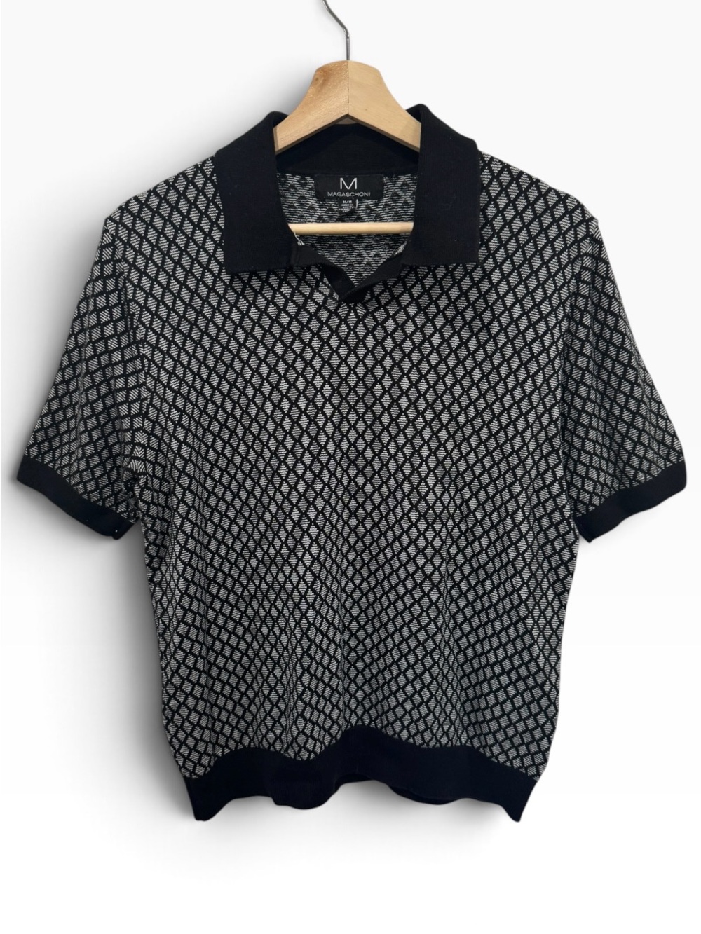 Magaschoni Black & White Diamond Knit Polo